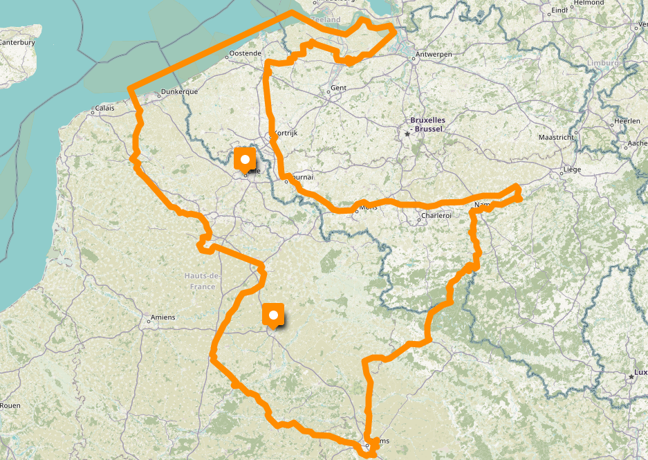 Carte des interventions du TBEI : Flandre française , Flandre-Occidentale, Picardie, Hainaut français et belge.